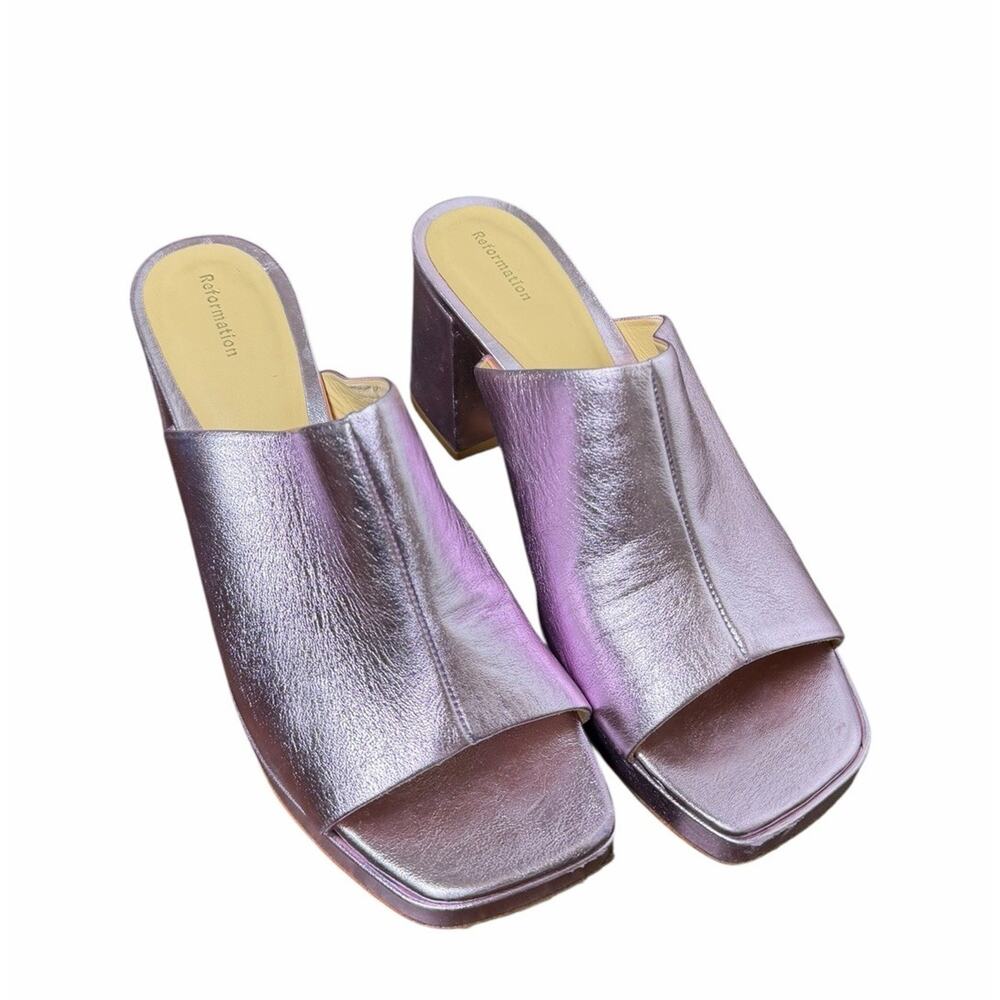 Reformation Women's 9.5 Pink Sparkle Metallic Platform Slip On Chunky Heels GUC